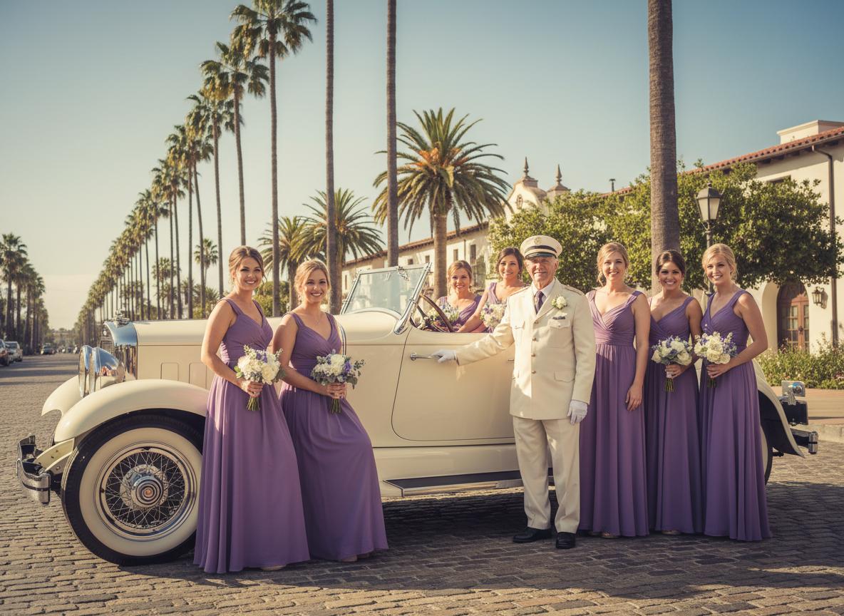 Lance Haynes with bridesmaids and our antique car